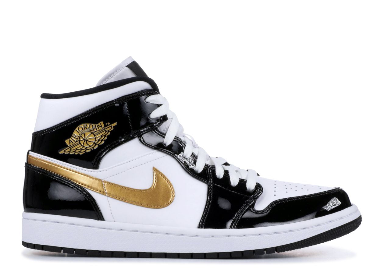 Air Jordan 1 Mid Patent Black White Gold (9864788017479)