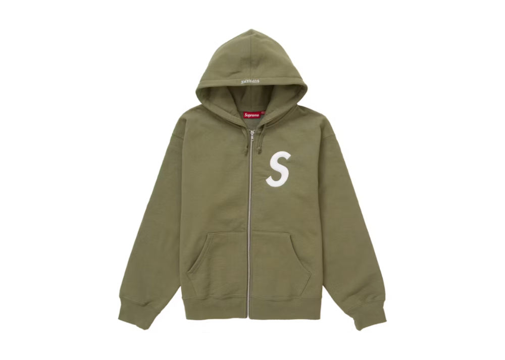 Supreme S Logo Zip Up Hooded Sweatshirt (FW24) Light Olive (9868306350407)